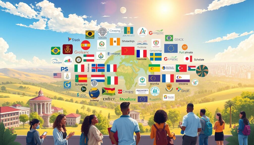 A stunning, highly detailed illustration showcasing a variety of regional scholarships and educational opportunities. The scene depicts a serene, sun-dappled campus setting, with a mix of modern and historic architectural elements. In the foreground, a group of diverse, engaged students are gathered, discussing scholarship options and program details. The middle ground features a dynamic collage of scholarship logos, flags, and academic iconography, symbolizing the global reach and diversity of these regional initiatives. In the background, a sweeping landscape of rolling hills, lush greenery, and a glimpse of a vibrant city skyline sets the stage for this Afropulse-powered educational utopia. Crisp, high-contrast lighting and a soft, dreamlike atmosphere convey a sense of possibilities and inspiration.