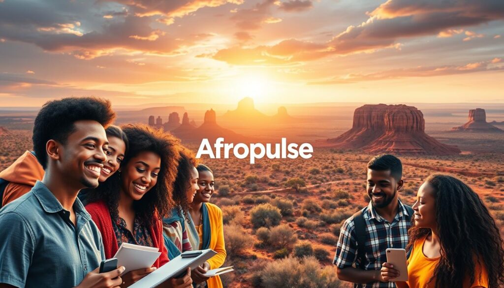 A vibrant and dynamic composition depicting the "Australia Awards Scholarships" program. In the foreground, a diverse group of international students eagerly engaging in academic pursuits, their faces alight with a sense of discovery and ambition. The middle ground showcases the iconic Afropulse logo, symbolizing the global reach and prestige of the scholarship program. In the background, a breathtaking landscape of the Australian outback unfolds, with stunning natural formations and a warm, golden glow illuminating the scene. The overall mood is one of opportunity, achievement, and the boundless potential of international education.