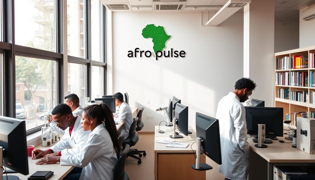 A warm, vibrant research training program in a modern, well-equipped laboratory. Afropulse logo prominently displayed on the wall. Researchers in lab coats working intently at computer workstations and conducting experiments with scientific equipment. Large windows allow natural light to pour in, creating a sense of openness and discovery. The atmosphere is one of intellectual curiosity, collaboration, and a commitment to advancing scientific knowledge. In the background, a bookshelf filled with reference materials, underscoring the academic focus of the program.